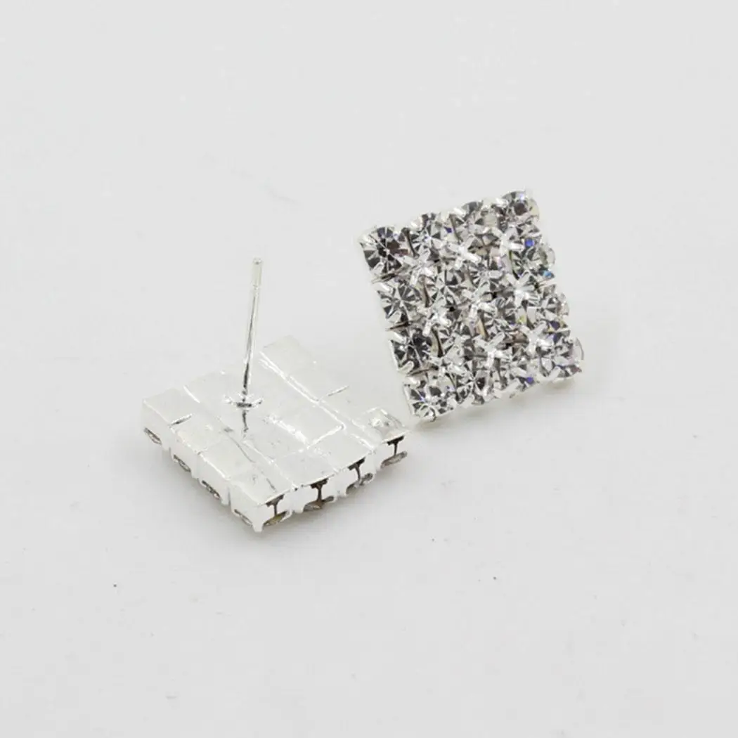Bling Push Elegant Casual Stud Style Fashion Rhinestone Back Silver Square Earrings Women | Украшения и аксессуары