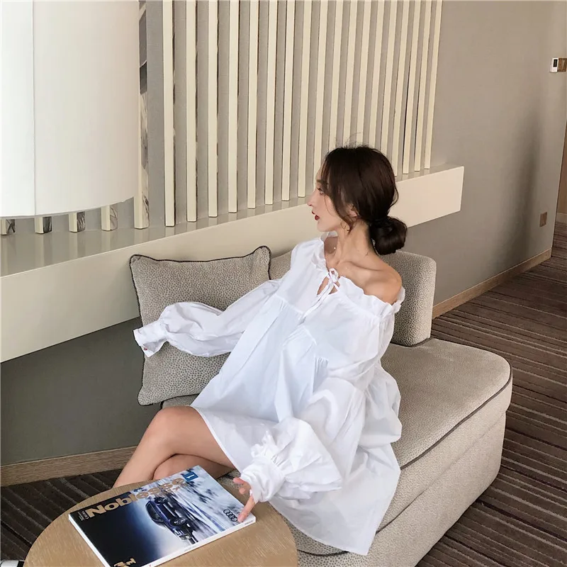 EWQ Сексуальное Женское Платье-рубашка без бретелек с длинным рукавом тонкое