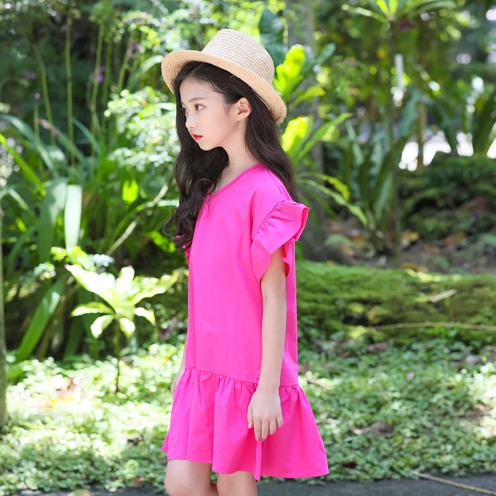 2019 new summer short sleeve knit dress simple casual school style age for 4-14 yrs teenage girl loose cotton ruffle frock | Детская