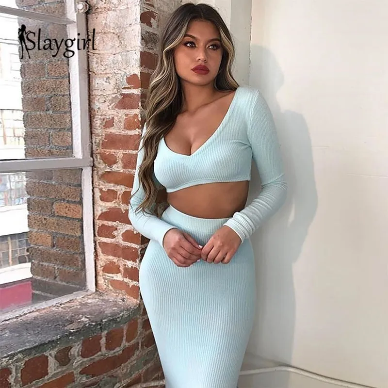 Slaygirl трикотажный Женский комплект из двух предметов длинный рукав высокий васт