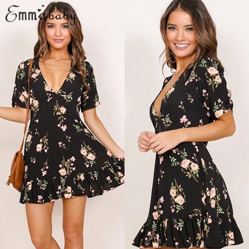 Fashion Women Casual Slim Floral Print Short Sleeve Bodycon Party Sexy Deep V-neck Cocktail Mini Pullover Dress Summer Clothes | Женская