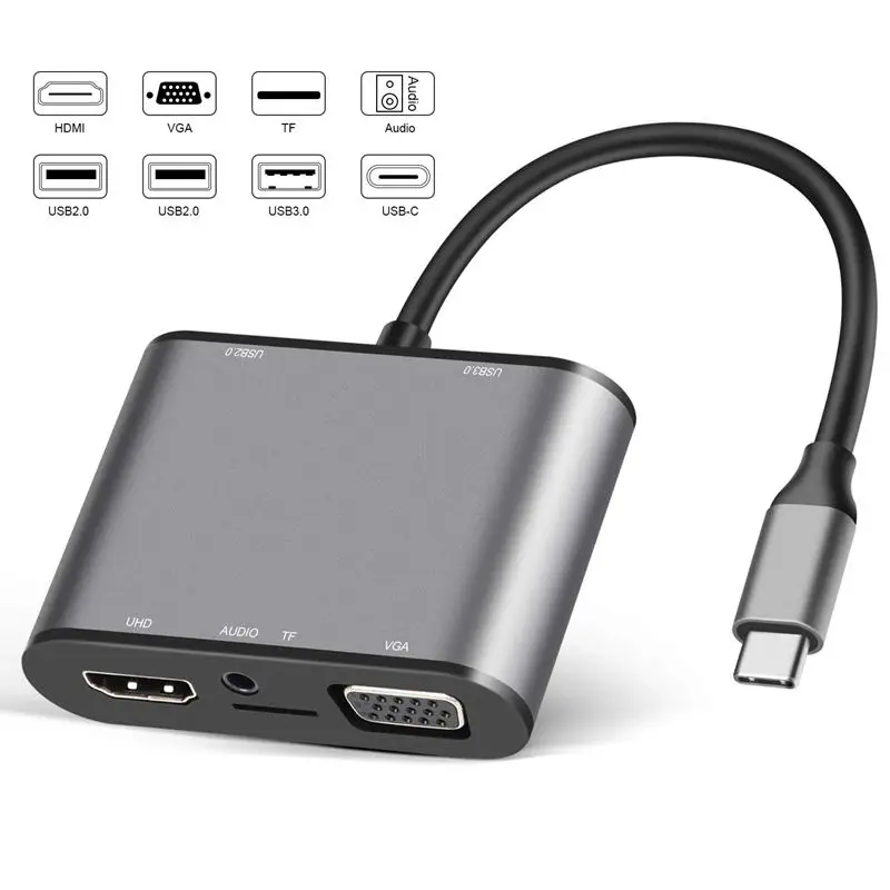 AAAJ Usb C концентратор к Hdmi Vga адаптер 8 в 1 док станция с 4K 3 0 2 Micro Sd 5 мм аудио|Сетевые