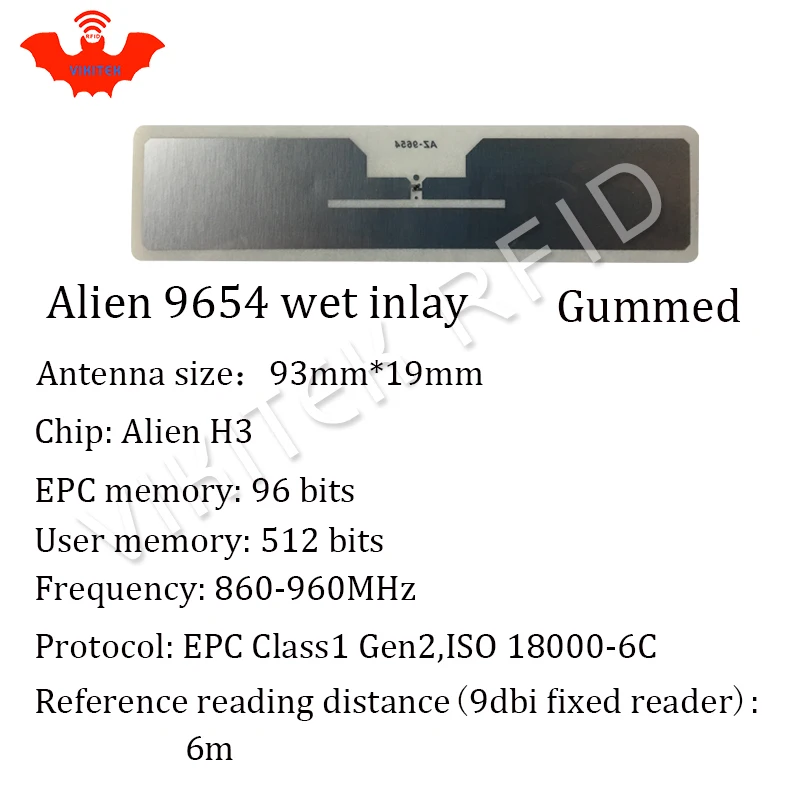 Alien authoried 100 шт. в рулоне 9654 Клей UHF RFID влажная инкрустация 860 960 МГц Higgs3 EPC C1G2 ISO18000 6C