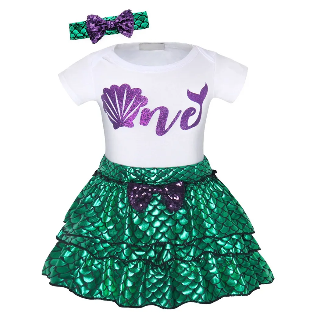AmzBarley Princess Ariel Costume Baby Girls clothes set Newborn Halloween Birthday Party outfits Romper Sequin Dress+ headband | Детская