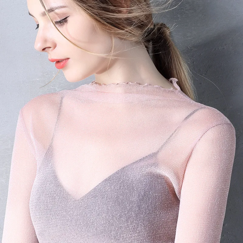 Female Chiffon Shirt Bottoming Shirt Women Sexy Perspective Bright Silk Tops Spring Lady Fashion Lace Office Thin Blouse PJ355