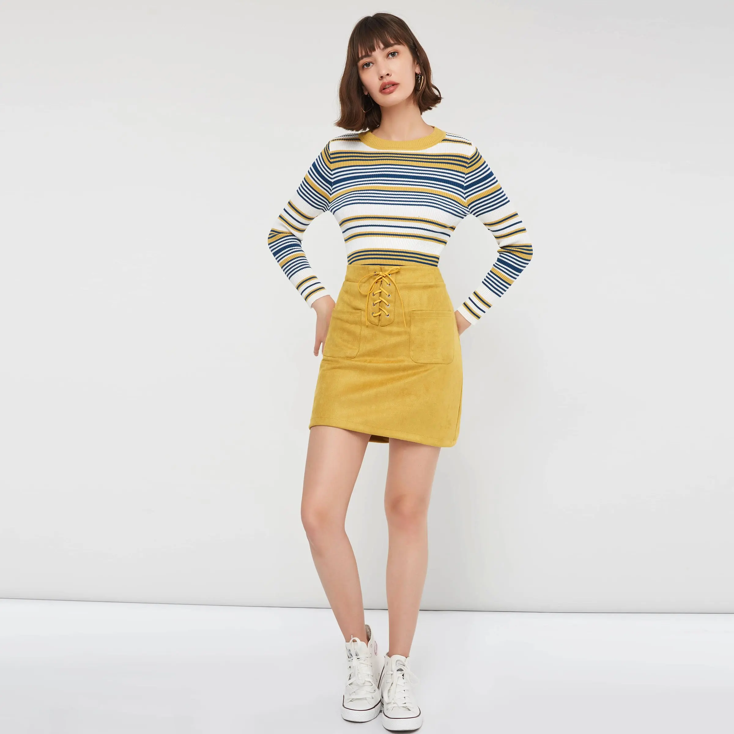 Женские юбки Boho желтые зимние повседневные OL Bodycon с высокой талией на шнуровке