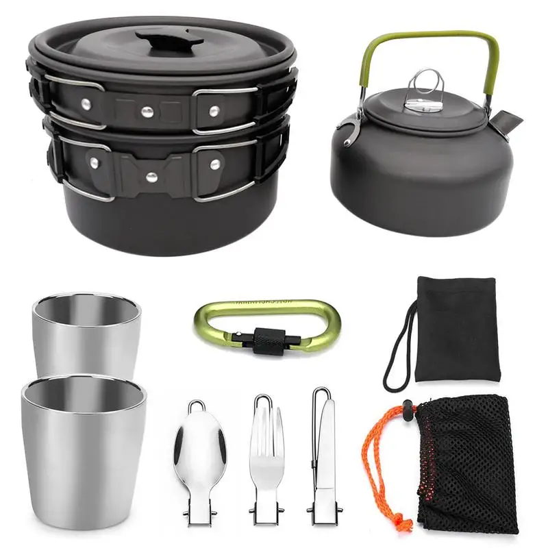 

Outdoor Camping Hiking And Picnic Teapot Pot Set Portable Cookware Mess Kit Carabiner Camping Cookware Stove With Tea Coffee Cup