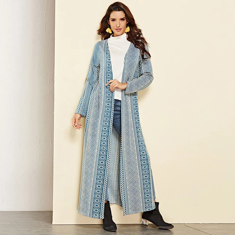 Длинное пальто кардиган Для женщин Разделение Свободные Boho модный принт верхняя
