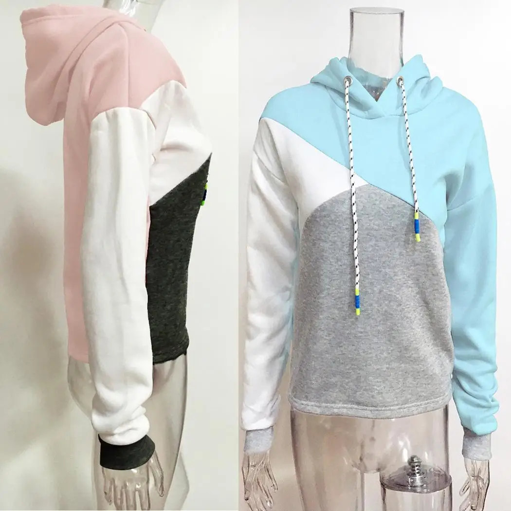 Women Fashion Hooded Long Sleeve Contrast Patchwork Color Winter Casual Regular Fleece Drawstring Hoodies | Женская одежда