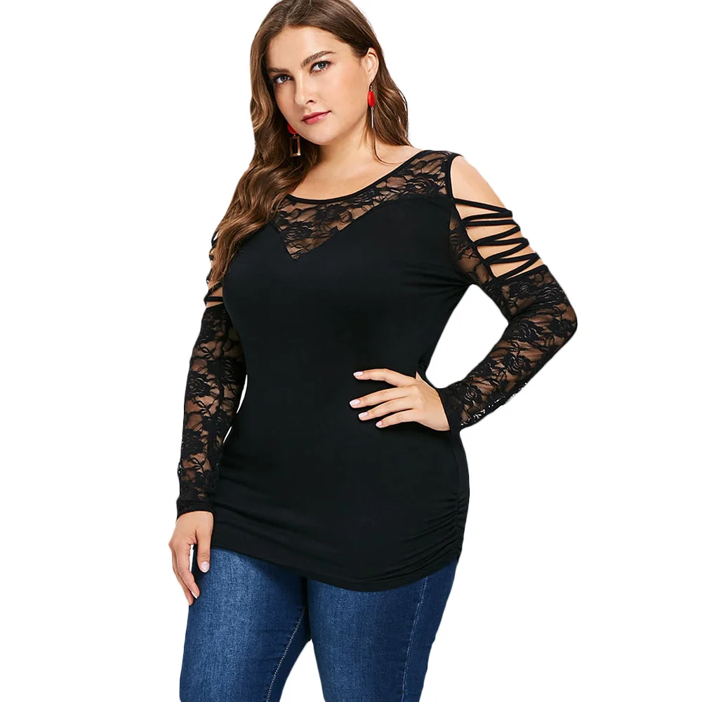 VESTLINDA футболка с открытыми плечами и кружевным рукавом женские топы Осенние