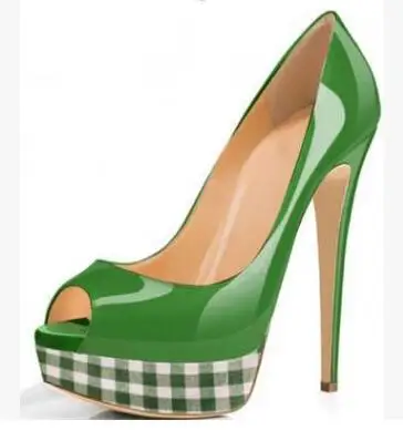 

Hottest Selling Candy Color Patent Leather Peep Toe Pumps Summer Grid Platform Slip On High Thin Heels Party Stage Shoes