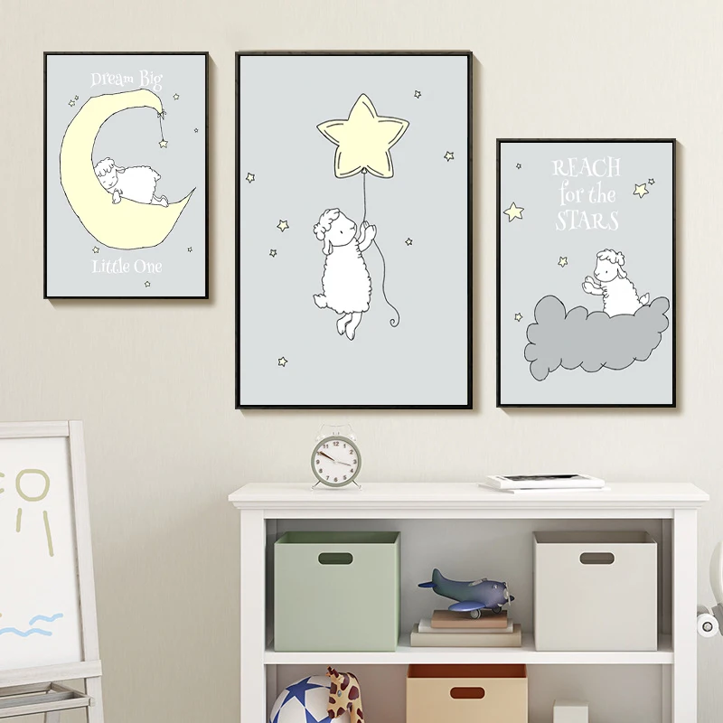 Lamb Moon and Stars Nursery Wall Art Canvas Painting Cartoon Posters Prints Nordic Kids Decoration Pictures Boys Bedroom Decor|Рисование и