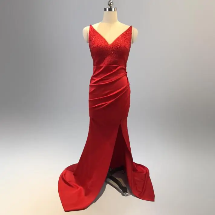 

SVKSBEVS 2019 Crystal Deep V Neck Sexy Split Mermaid Long Dresses Elegant Spaghetti Strap Backless Maxi Party Dress