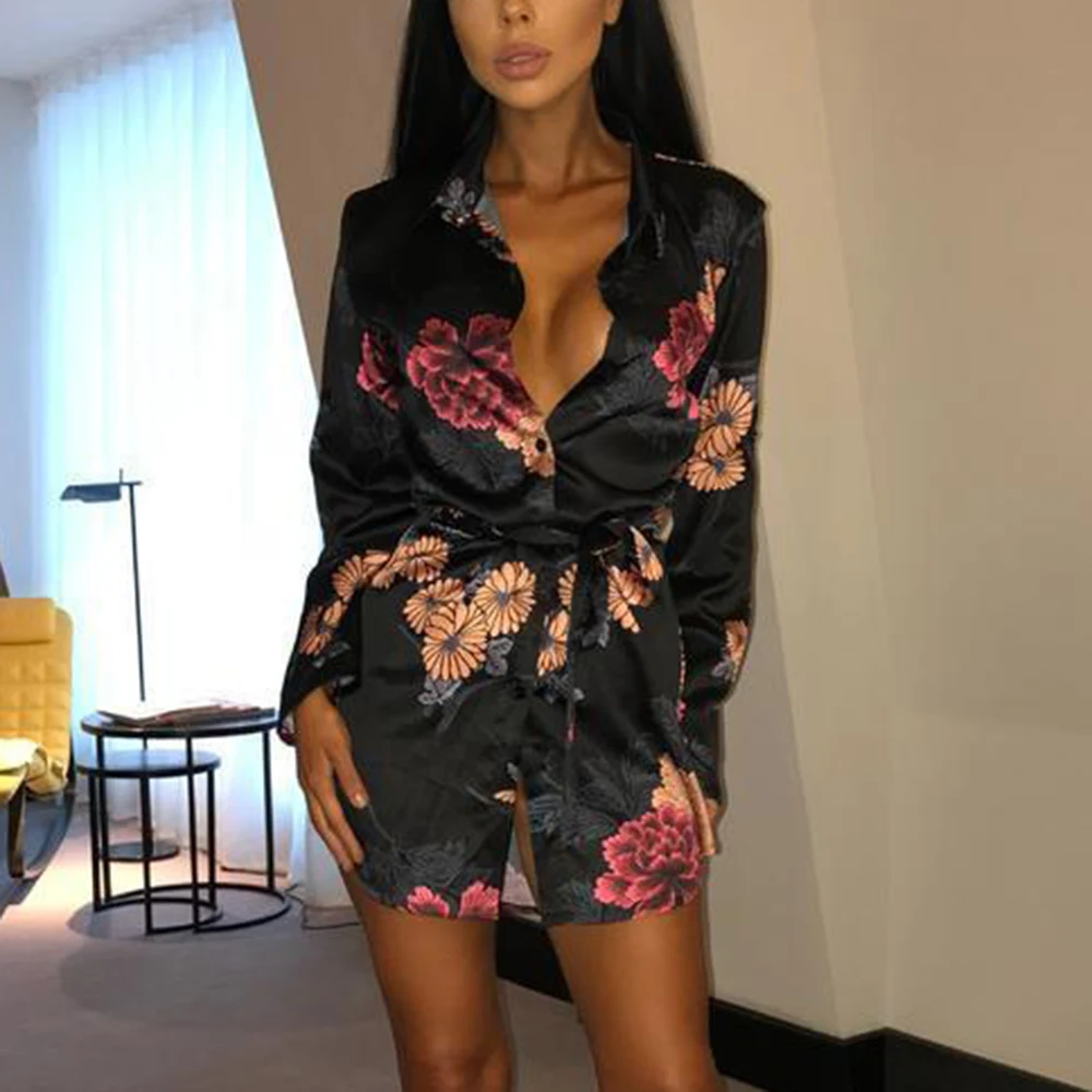 Для женщин Цветочный атласный платье с длинным рукавом Вечерняя