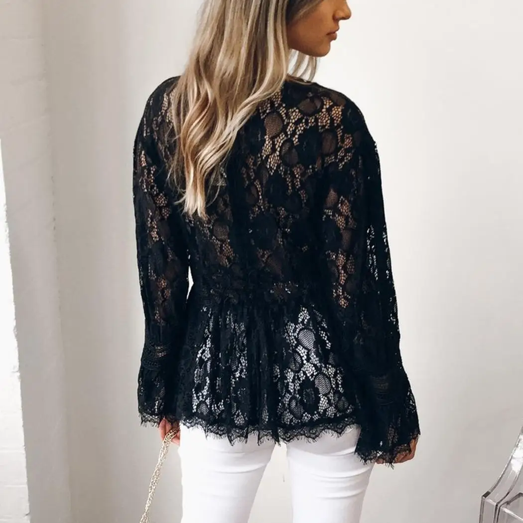 Women Casual Long Sleeve Floral O-neck Loose Pleated Pullover Lace Regular Summer Autumn Spring Tops |