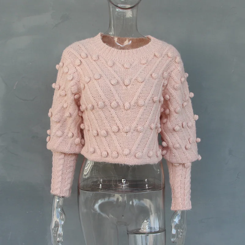 Женский трикотажный свитер розовый короткий с рукавами-фонариками 2019 | Женская