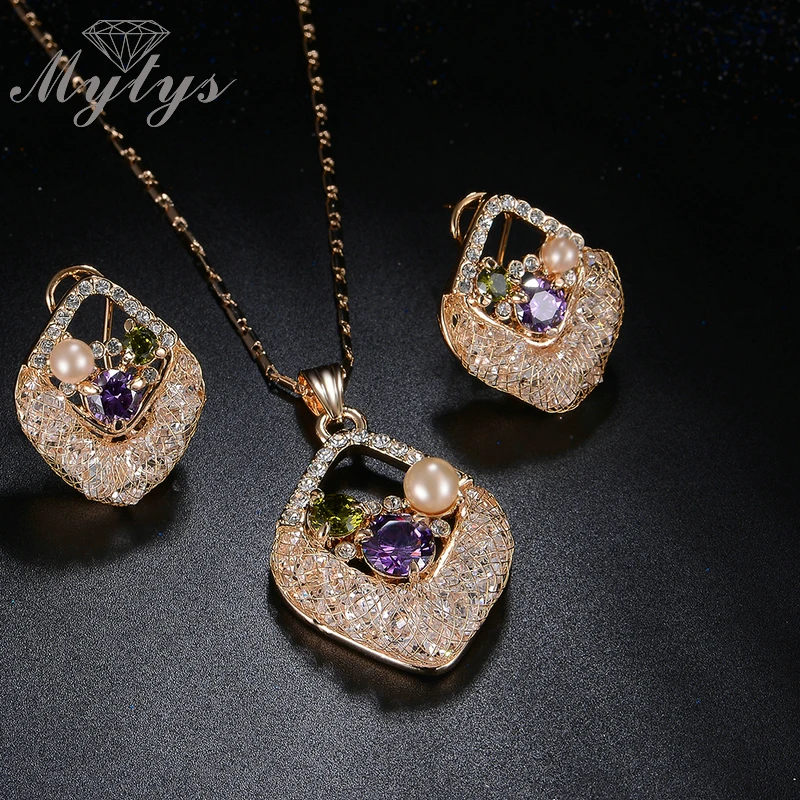 Mytys Limited Sale Pearl Crystal Pendant Necklace and Earring Sets Wire Mesh Net Jewelry for Women CN291 | Украшения и аксессуары