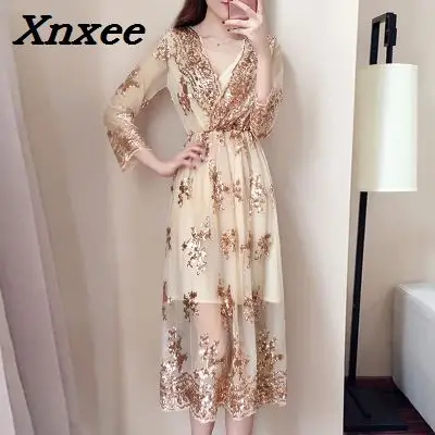 

V neck long sleeve sequin party dress women Sexy mesh Mid-length Chiffon dress Xnxee
