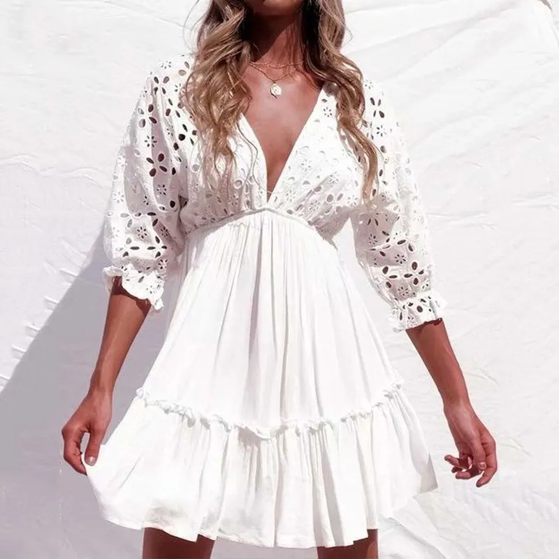 V Neck Hollow Out White Beach Dress Women Summer Batwing Sleeve Lace Mini Sundress Empire Fashion 2019 Sexy Party Vestidos | Женская