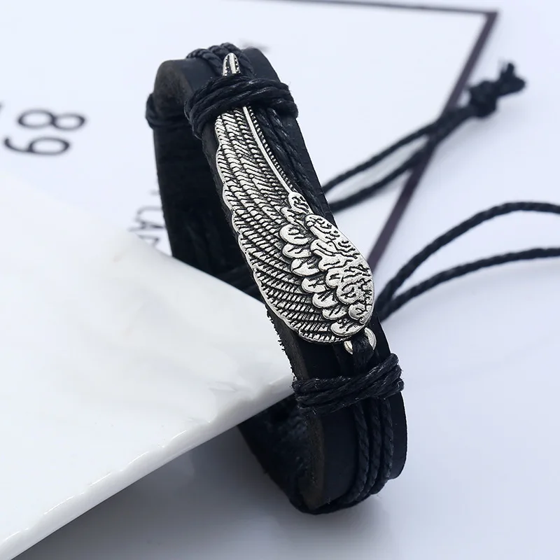 Vintage Punk Alloy Weave Wing Cowhide charms Bracelet homme men Man Leather Jewelry Gothic bracelets for women bijoux femme | Украшения и