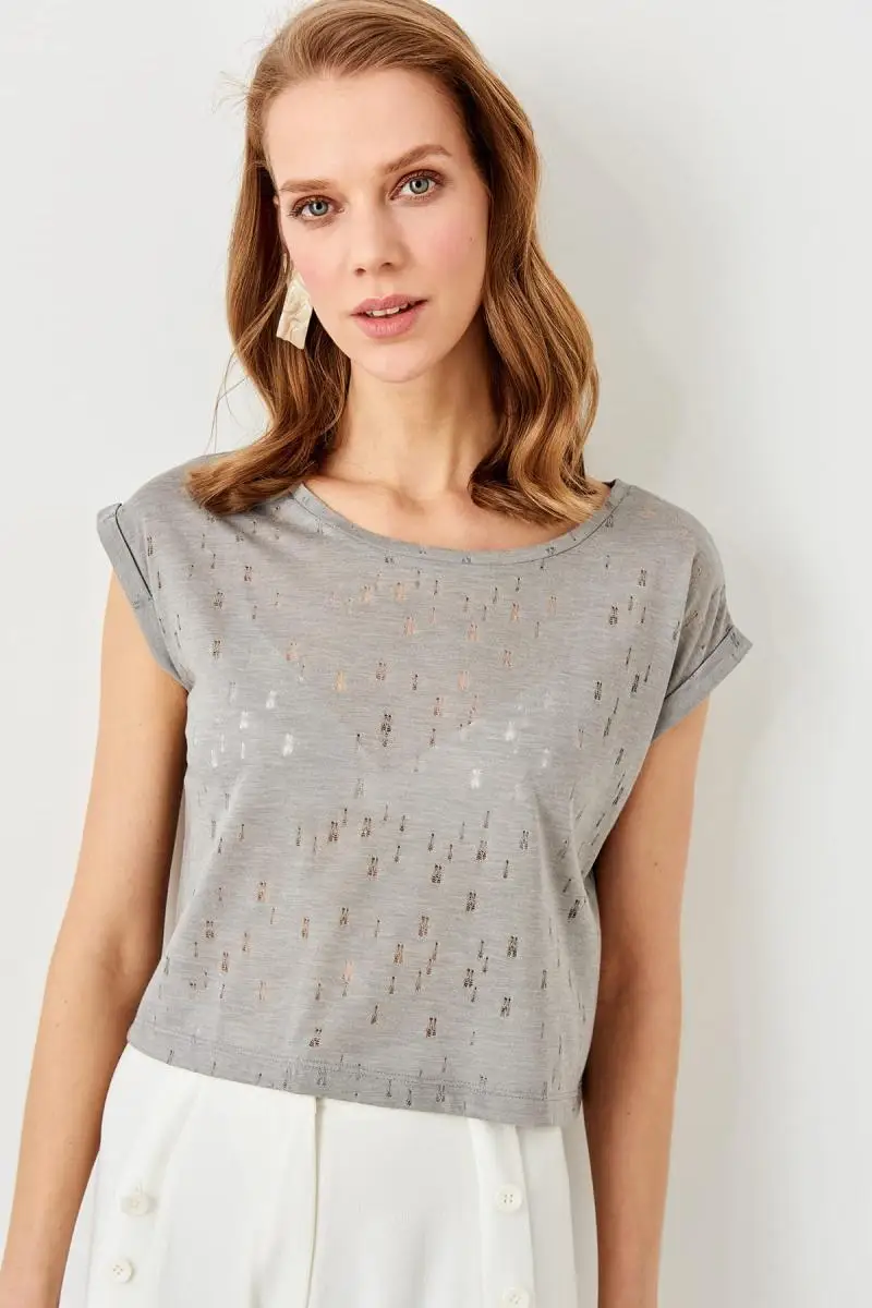 Trendyol серый Pourer Detaylı Crop трикотажная футболка TWOSS19FV0159|Футболки| |