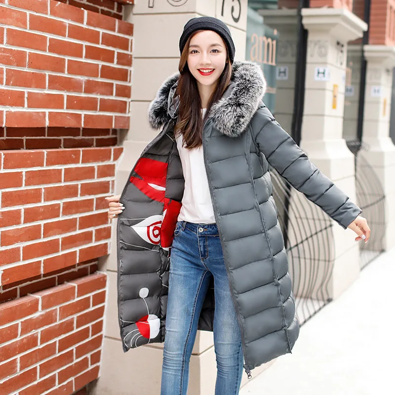 

2019 Hot Sale Zipper Winter New Korean Suit-dress Self-cultivation Printing Long Fund Will Code Both Sides Clothes Cotton Woman