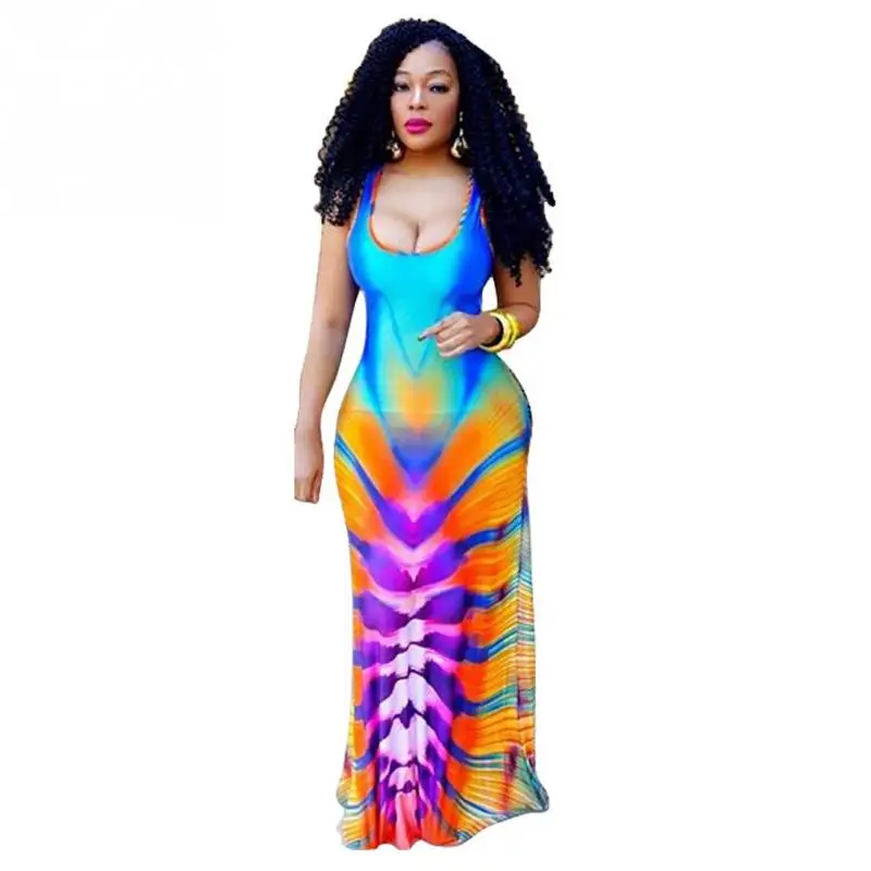 2019 New Fashion Summer Women strip sleeveless Gradient color Casual Long Dress Beach Party Maxi #20 | Женская одежда