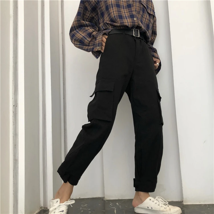 Twojstyle Women High Waist Black Cargo Pants Elastic Harem Loose Pockets Hip Hop Trousers Cotton Sweatpants Bottom | Женская одежда