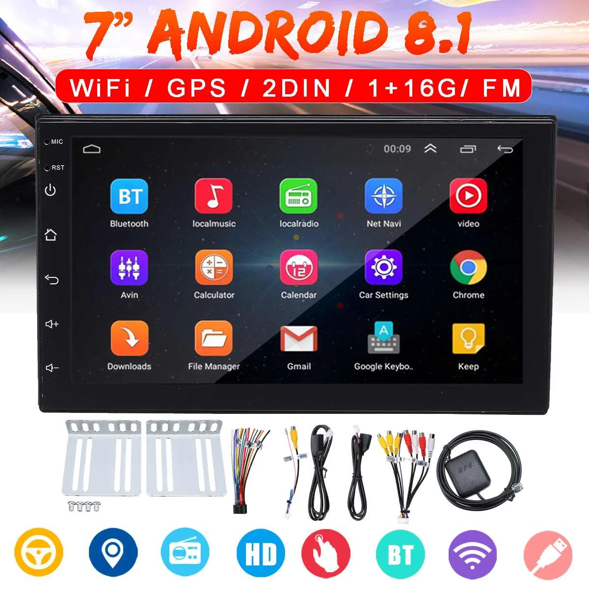 

Автомагнитола 2DIN, 7 дюймов, Android 8,1, четырехъядерный процессор, Wi-Fi, bluetooth, GPS, FM-радио, видеоплеер MP5, сенсорный экран, автомобильный мультимедий...