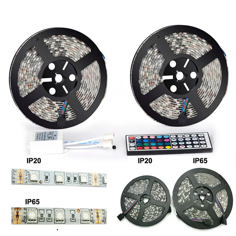 Набор светодиодных лент 10 метров IP20/IP65 водонепроницаемый SMD5050 60LED/M RGB DC12V 10A с 24/44key
