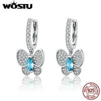 wostu 2019 real 925 sterling silver dazzling blue butterfly cute drop earrings for women luxury silver brand jewelry gift cqe513