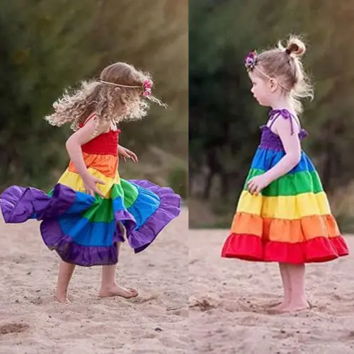2019 Brand Girls Kid Baby Princess Sleeveless Tutu Dress New Summer Boho Bandage Rainbow Stripe Party Wedding Flower | Детская одежда и