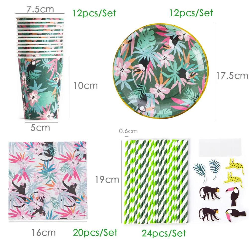

Summer Tropical Party Decoration Set Jungle Zoo Banner Balloon Paper Cup Plate Straw Palm Leaves Birthday Decor