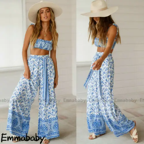 

Women 2 Piece Outfit Set Rompers Jumpsuit Long Pants Set Sleeveless Crop Tops Ladies Summer Floral Clothing Set