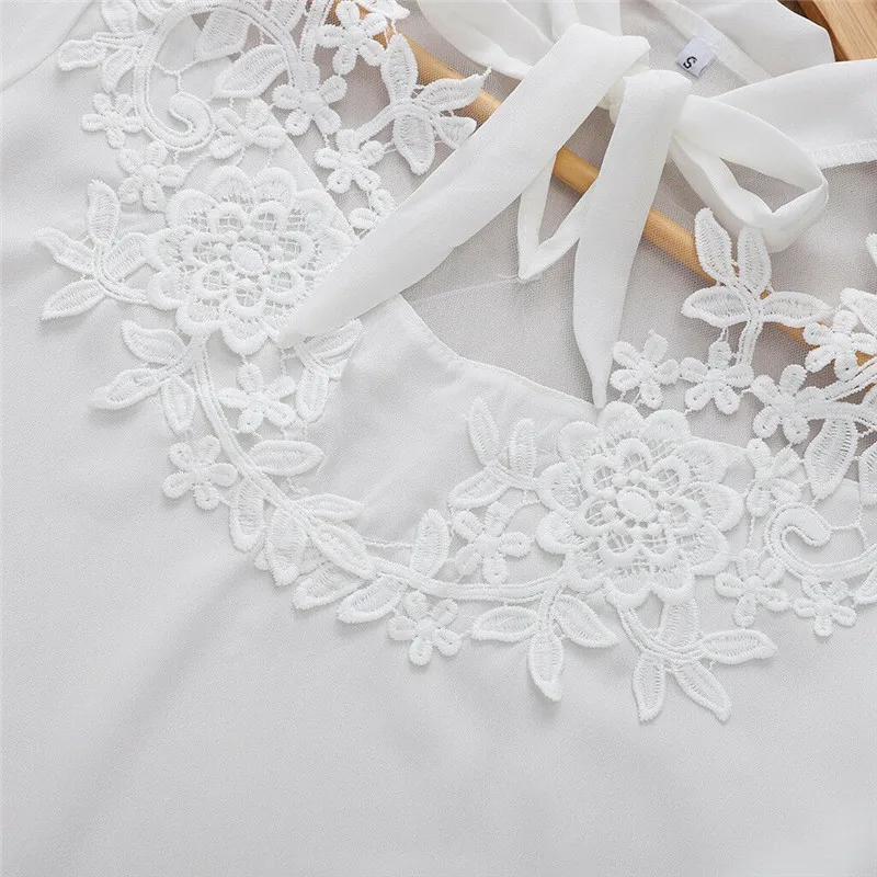 

Women Summer Spring Lace Flower Shirt White Perspective Mesh Long Sleeve Blouse Elegant Woman Casual Bowknot Chiffon Tops Shirt