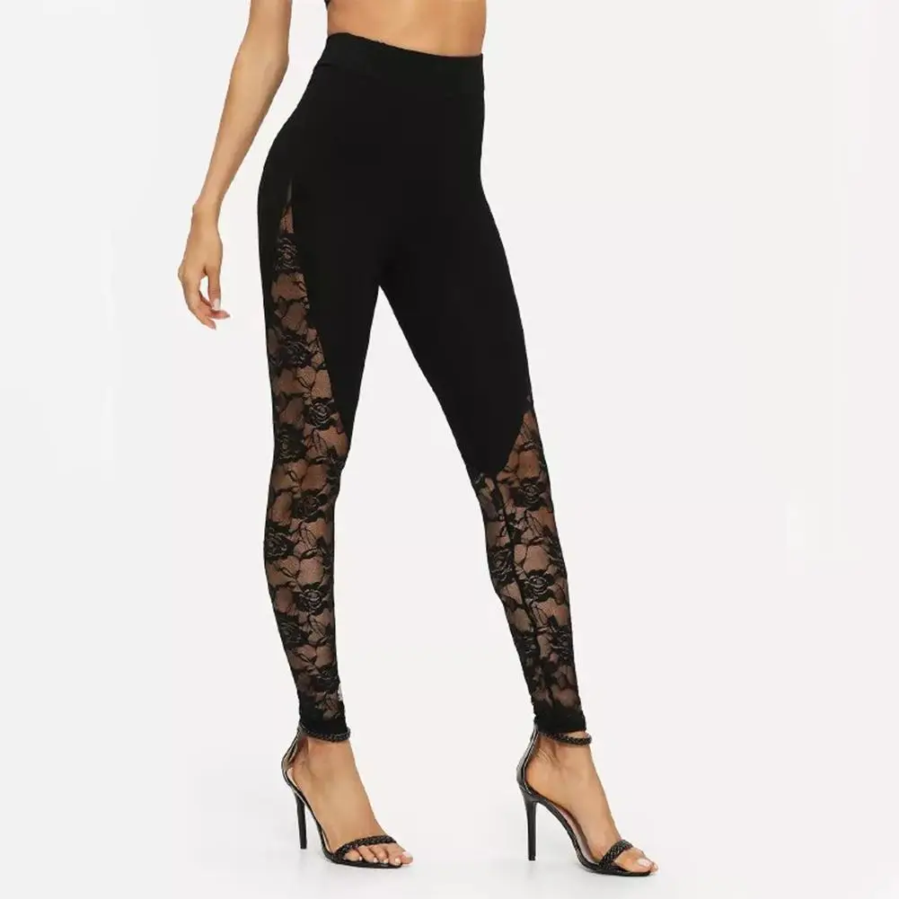 

MISSKY New High Elastic Waist Leggings Women Sexy Criss Cross Lace Panel Leggings Female Workout Summer Trousers