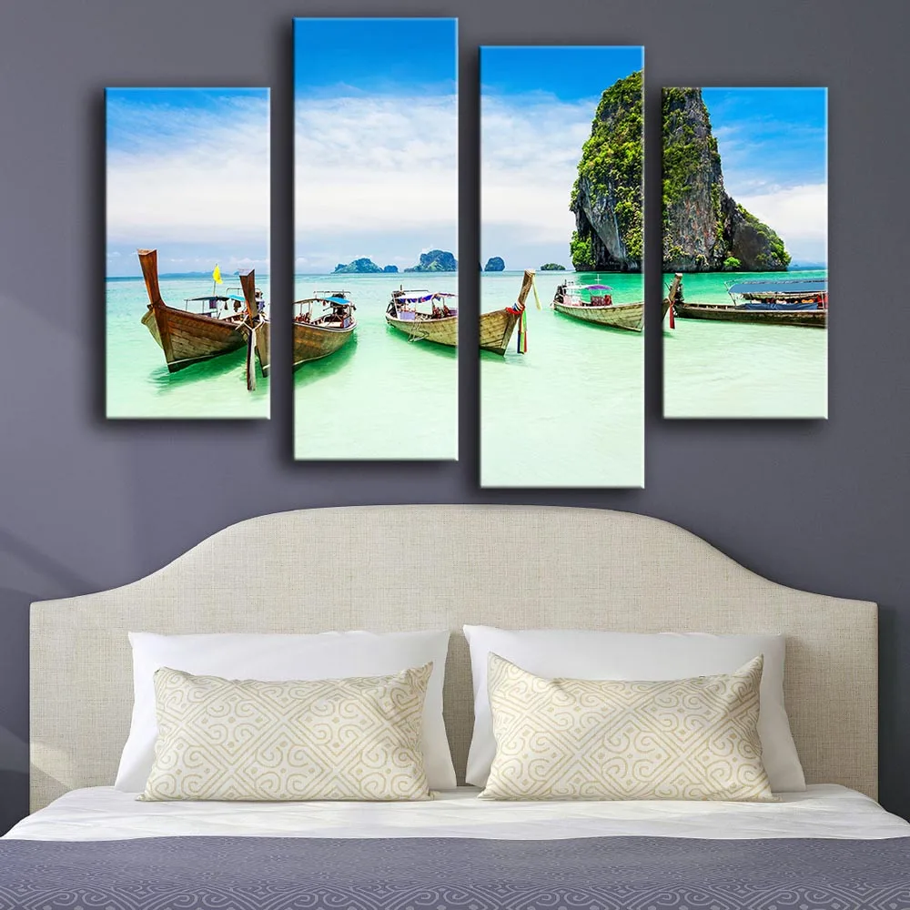 New product Print Oil Painting Wall painting 4 pcs the boat rocks Art Picture For Living Room free shipping | Дом и сад