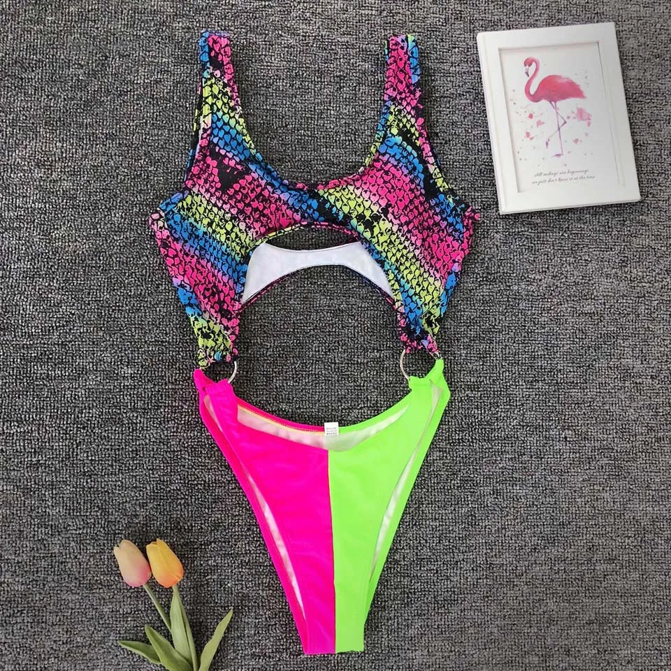 

Karlofea Leopard Snake Print One Piece Bathing Suit For Women Sexy High Cut Out Underbust Summer Beachwear Sunbathing Swim Wear