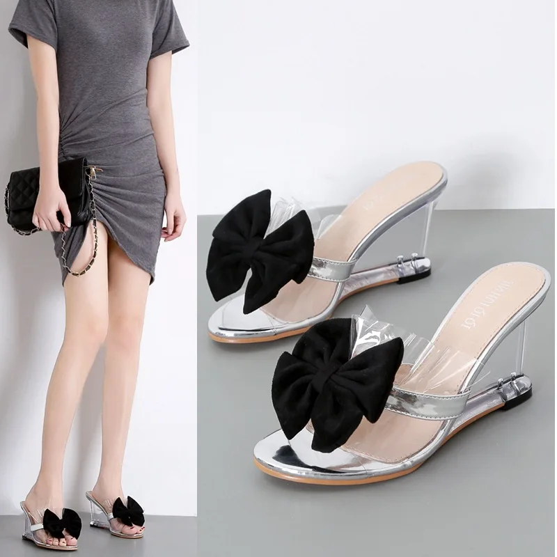 

Moraima Snc 2019 New Open Toe Sexy Outside Shopping Slides Woman Summer Shoes Slipper Black Butterfly-knot Decor Wedges Slides