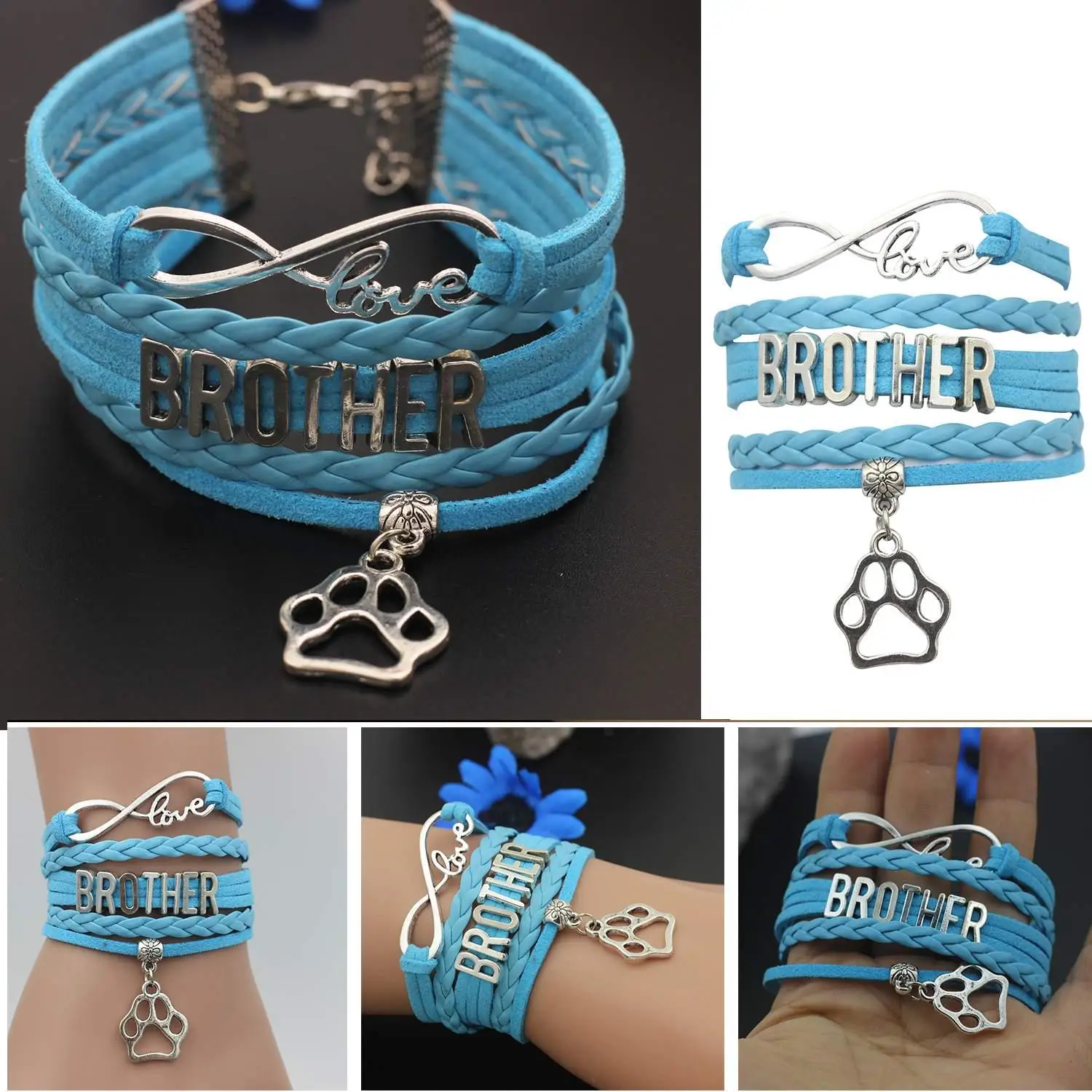 Браслет с застежкой в виде сердца кожа синий милый надписью Love Brother многослойный