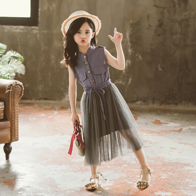 Teenage Girl Dress Summer Sleeveless Meash Spliced Princess Kids Dresses For Girls Children Clothing 4 5 6 7 8 9 years | Детская одежда