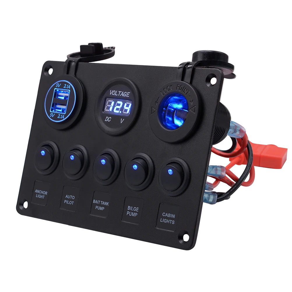 Rocker Switch Panel 5 Gang with Cigarette Lighter Light Indicator 2.1A Dual USB Ports Voltmeter Vehicle Automotive Control | Автомобили и