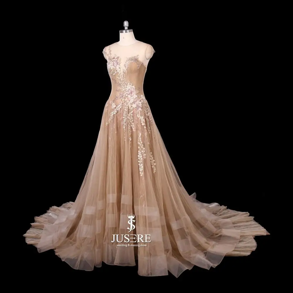 Champagne Long Evening Dress Charming A-Line O-Neck Cap Sleeve Embroidery Lace Flower Floor Length Evening Dresses Gowns 2019