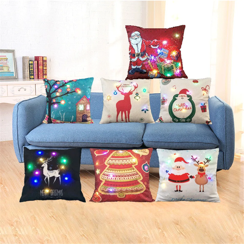 

LED Xmas Style Cushion Cover Merry Christmas! Santa Claus Socks Balloon Home Decorative Pillows Cover Nordic Deer Cushions Sofa