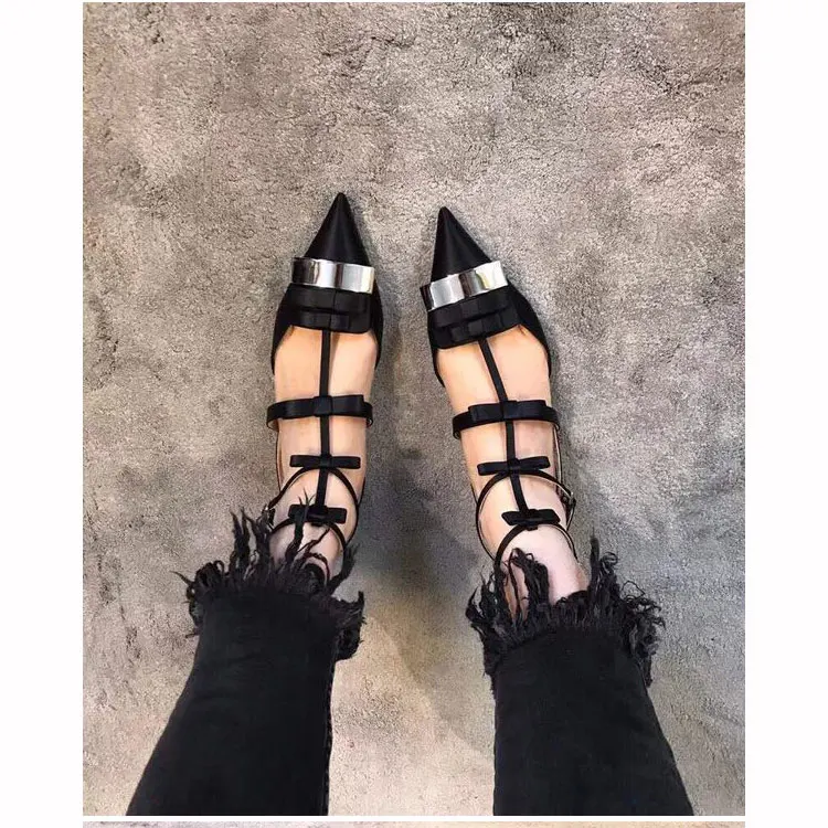 

2019 Newest Black Red Pointed Toe Bowtie Wedding Ballerinas Metal Decoration Women Flats Ankle Strap Oxford Shoes for Women