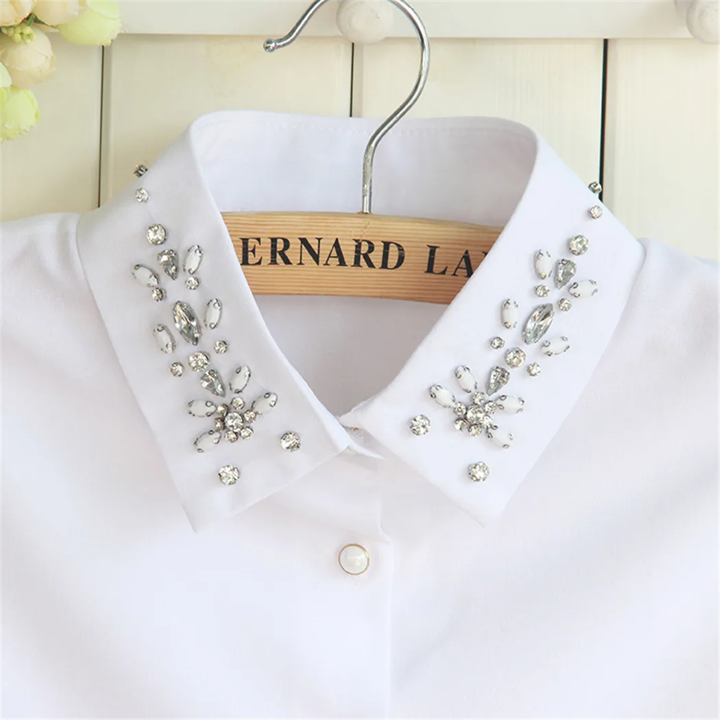 2019 New Arrivals Women Fashion Cotton Beaded White Shirt False Collar Female Crystal Blouses Fake Necklaces |