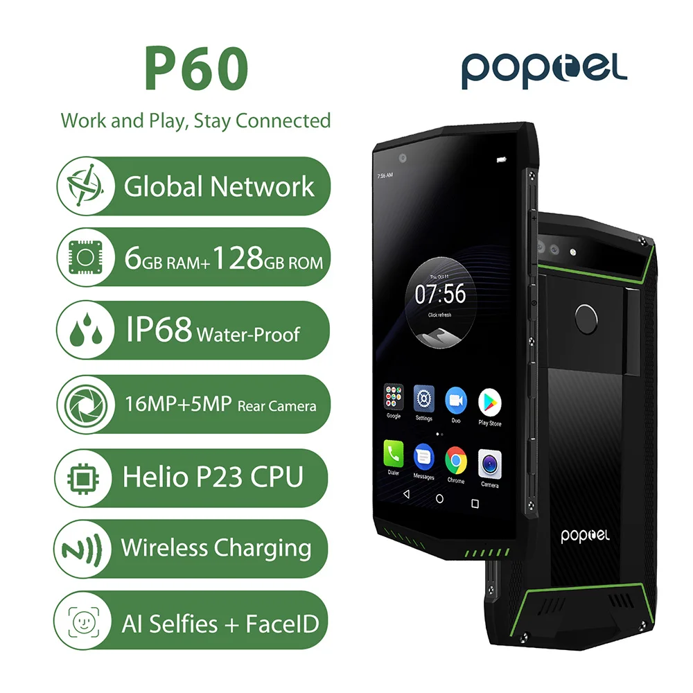 POPTEL P60 4G Face ID IP68 Waterproof Mobile Phone 5.7 Inch Android 8.1 MTK6763 6GB 128GB 5000mAh Wireless Charge NFC Smartphone | Мобильные
