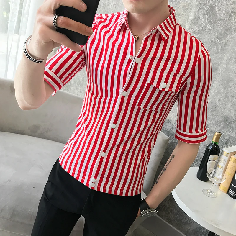 Мужская рубашка с коротким рукавом Camisa Masculina приталенная Простая в полоску