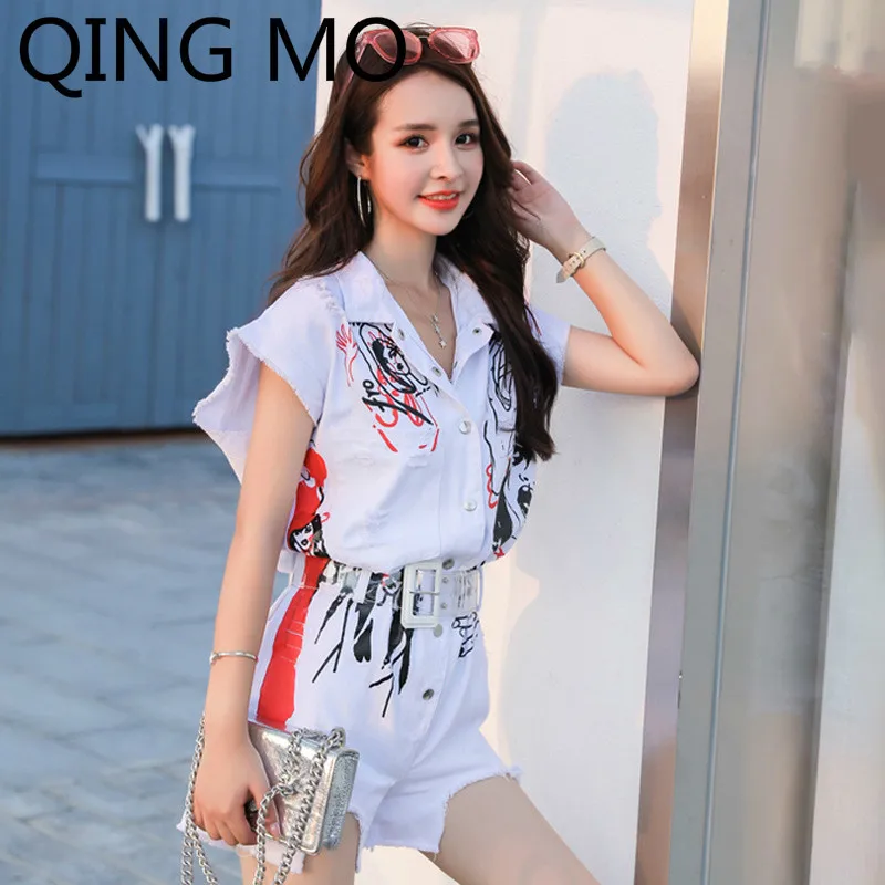 Женский джинсовый комбинезон QING MO белый Облегающий в ковбойском стиле