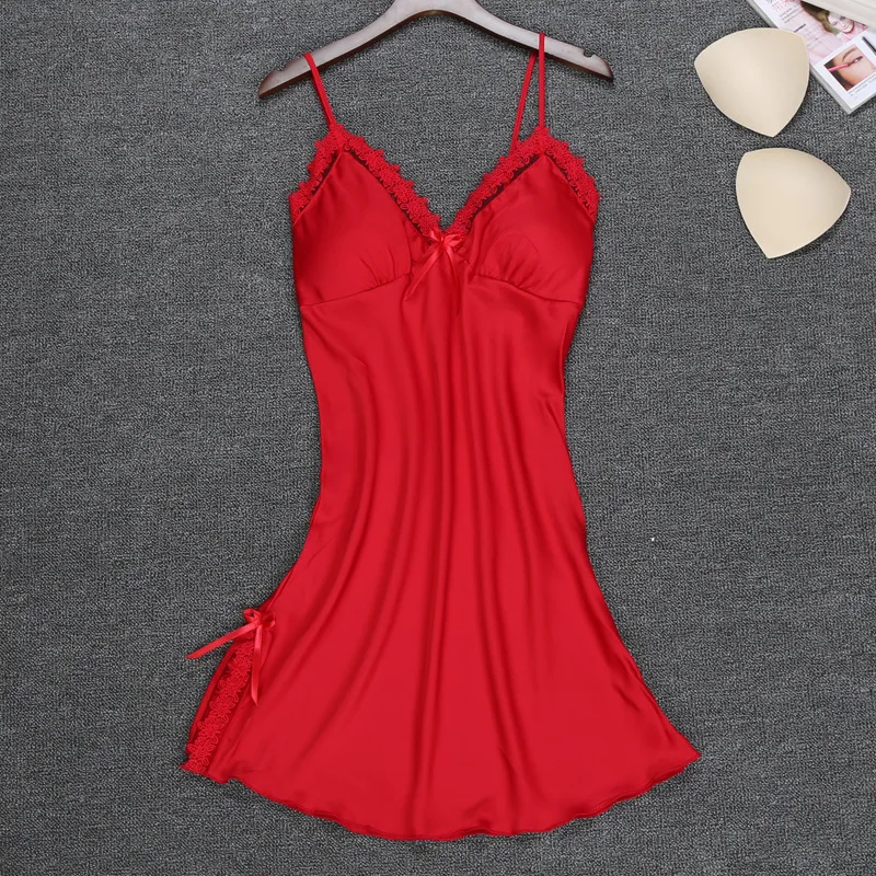 

Free shipping Silk Pajamas Woman Xiabingsi Camisole Hot Sexy Adult Lace Bring Chicken Fillet Small Chest Red Night Skirt